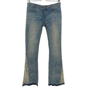 Free People Womens 25 Flare Denim Jeans Blue Bleached Aztec Print Braided Boho